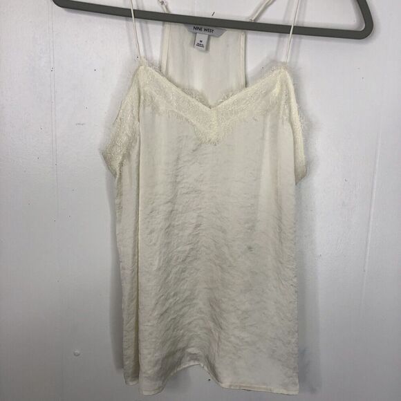 Nine West Babydoll Tank Slip Lace Neck Ivory Y2K Satin Feminine Womens M - Picture 1 of 7